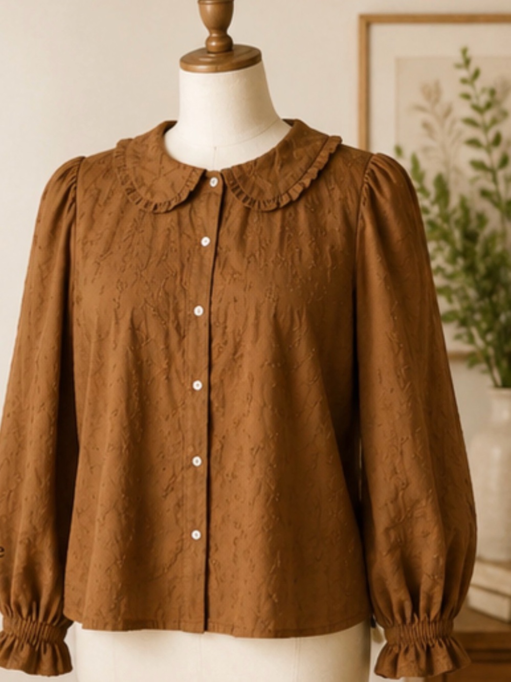 Brown copper tone -Embroidered Floral pattern -Puff Sleeve -100% cotton blouse - Picture 2 of 11